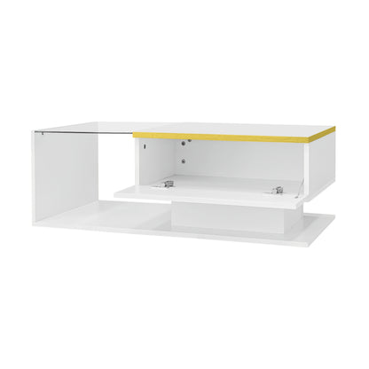 Contemporary 90cm Long High-Gloss White Coffee Table with Glass Top - Sturdy Metal Frame, Side Table & Coffee Table in One, No Assembly Required, Perfect for Living Room or Office, Coffee Table Decor, Versatile Furniture, Min