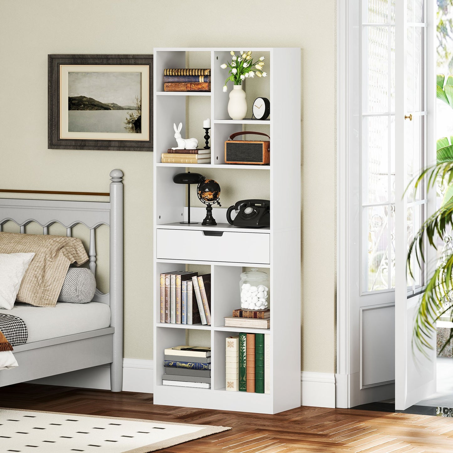 Boekenkast – Boekrek – Opbergkast – Plank – Wandkast – Wit – 9 Vakken – Kantelbeveiliging – Compact 60x26x158 cm