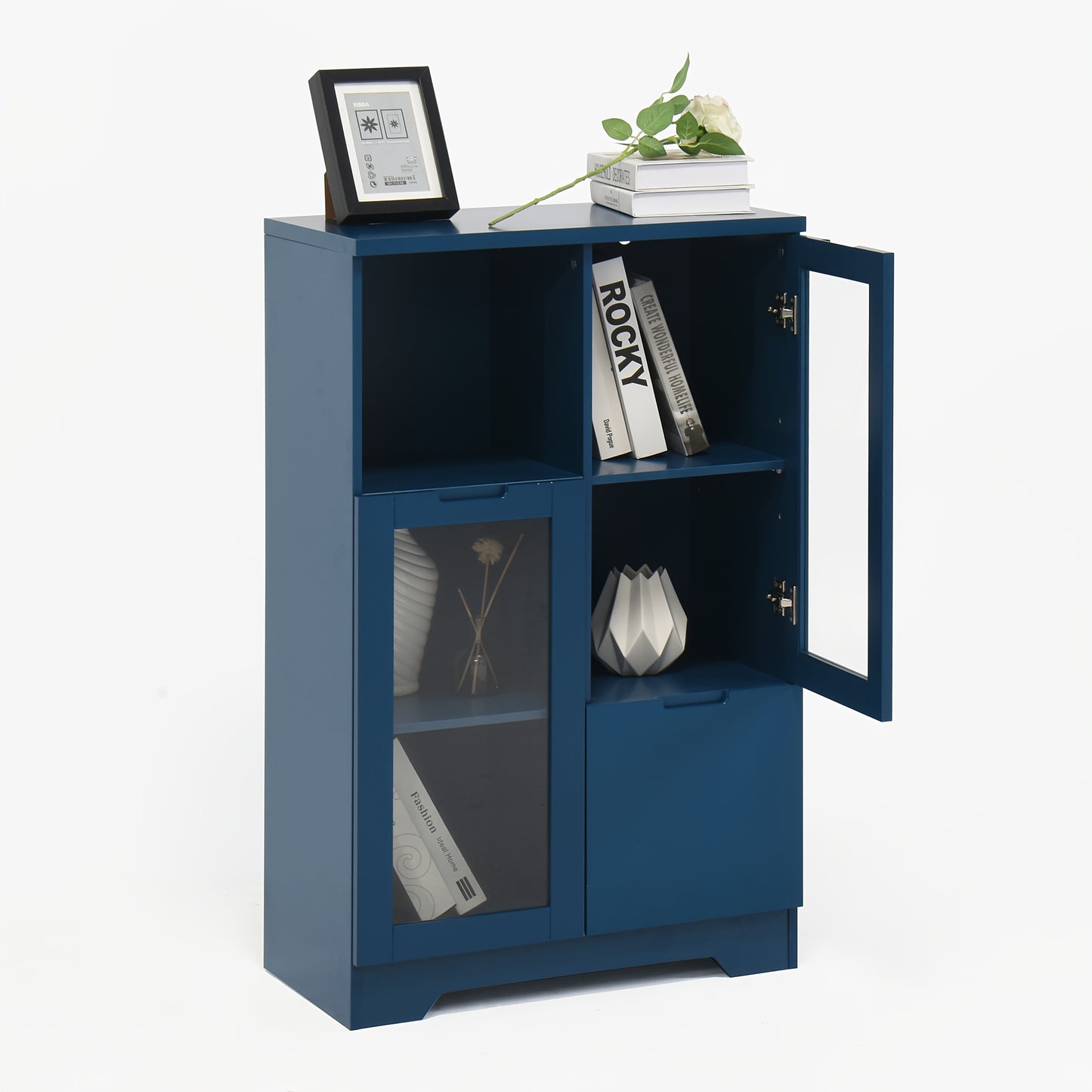 Kledingkast – Garderobekast – Opbergkast – Dressoir – Wandkast – Blauw Lacquered MDF – Glazen Deuren & Laden – Compact Minder Dan 70 cm Hoog