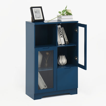 Kledingkast – Garderobekast – Opbergkast – Dressoir – Wandkast – Blauw Lacquered MDF – Glazen Deuren & Laden – Compact Minder Dan 70 cm Hoog