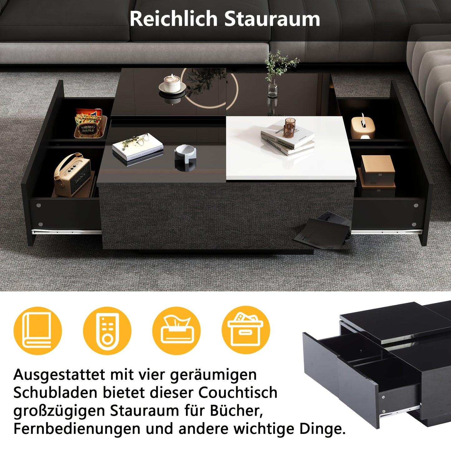 Salontafel – Koffietafel – Tafel – Bijzettafel – Opbergtafel – Zwart Hoogglans Met Wit Uitschuifbaar Blad – Duurzaam Hardhout – Compact Ontwerp Voor Kleine Ruimtes