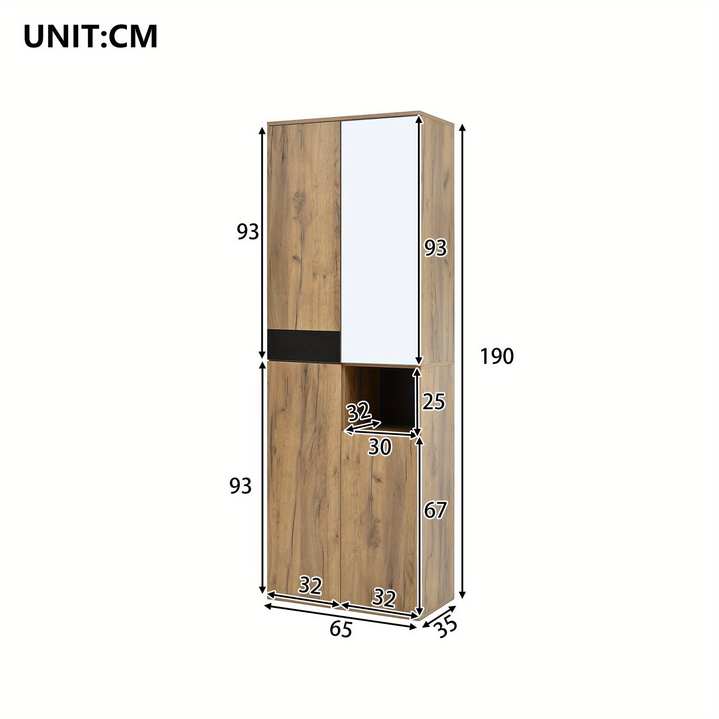 Moderne Hoge Kledingkast – Garderobekast – Opbergkast – Dressoirkast – Kastenmeubel – Met Spiegel – Vrijstaand – 4 Deuren + Open Plank – Natuurlijk Hout Met Zwarte Accenten – Ruime Opbergruimte – Vloermontage Zonder Elektriciteit