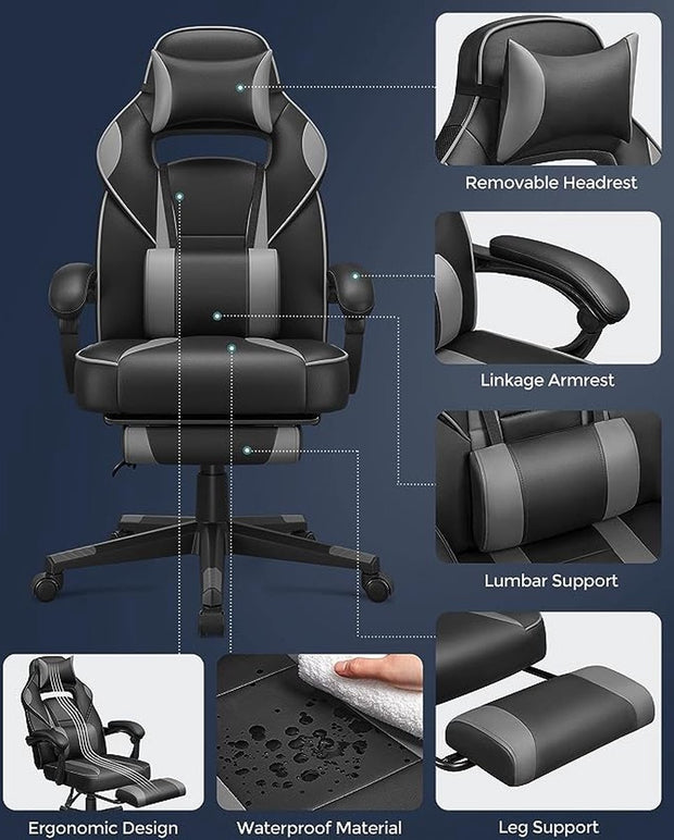 Gaming stoel - Bureaustoel met voetenbankje - Bureaustoel met hoofdsteun en lendensteunkussen - In hoogte verstelbaar - Ergonomisch - Kantelhoek van 90-135° - Draagvermogen tot 150 kg - Zwart-Grijs