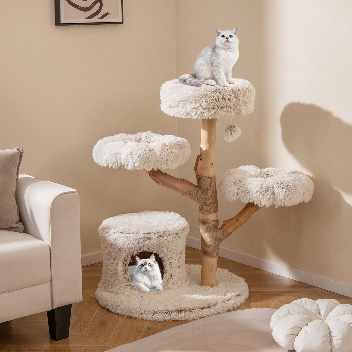 Kattenboom – Krabpaal – Kattenhuis – Klimmeubel – Katten Condo – 102 cm Hoog – Echt Hout Met Natuurlijke Jute Krabpaal