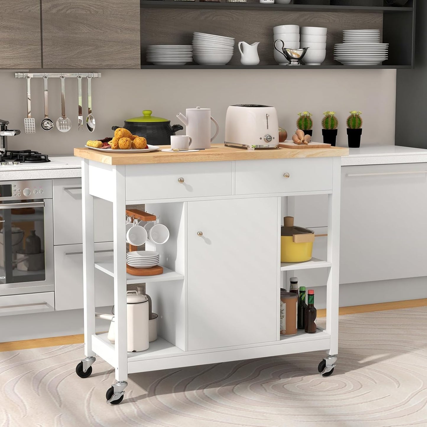 Keukenwagen – Keukentrolley – Serveerwagen – Opberkwagen – Verrijdbare Kast – Ruim Werkblad Rubberwood – 4 Zwenkwielen Met Remmen – Wit