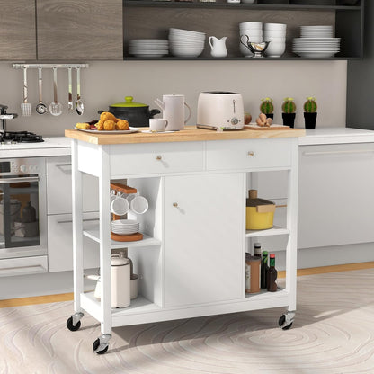 Keukenwagen – Keukentrolley – Serveerwagen – Opberkwagen – Verrijdbare Kast – Ruim Werkblad Rubberwood – 4 Zwenkwielen Met Remmen – Wit