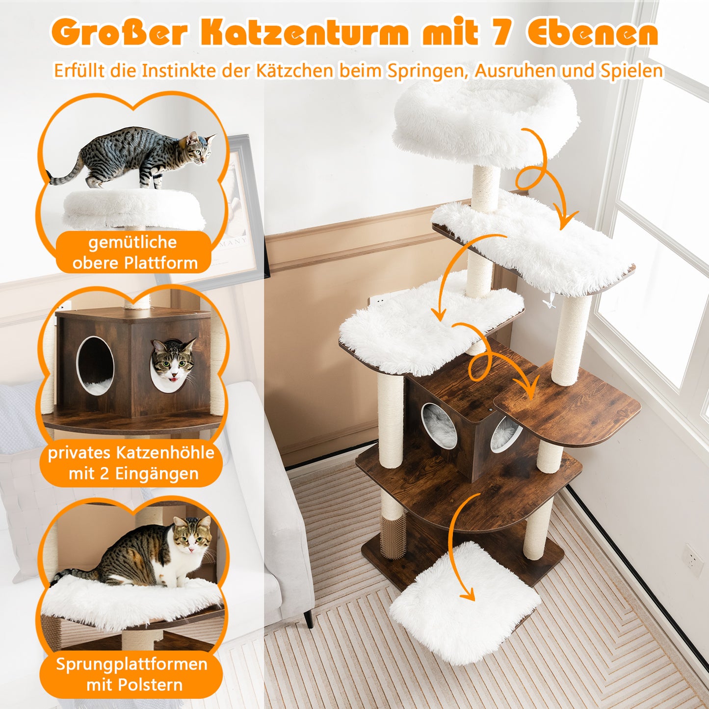 Krabpaal – Kattenboom – Krabmeubel – Klimmeubel – Kattenhuis – 175 cm Hoog – 6 Niveaus Met Kattenhol En Wasbare Matten