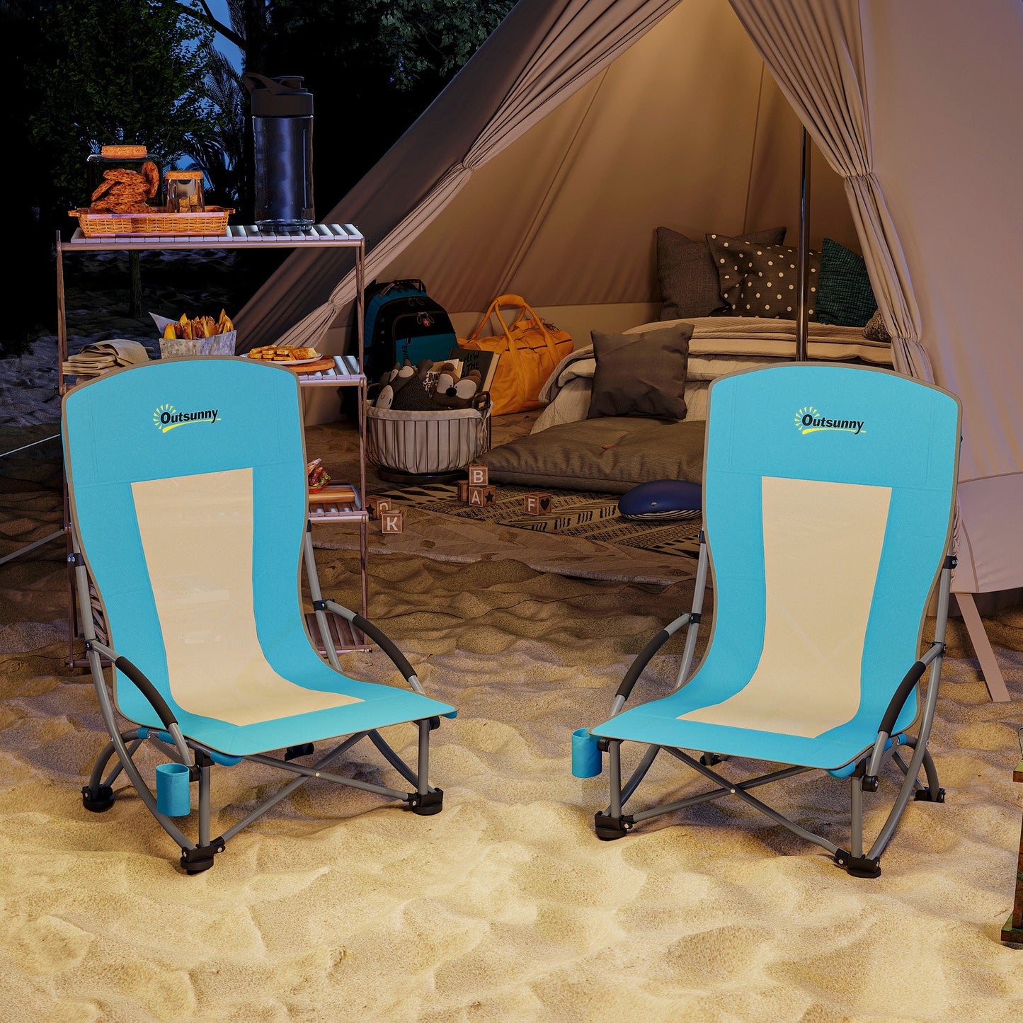 Vouwstoel Campingstoel Klapstoel Tuinstoel Strandstoel – Set Van 2 – Mesh Rugleuning – Inclusief Bekerhouder – Stevig IJzerframe – Draagkracht 120 Kg – Blauw