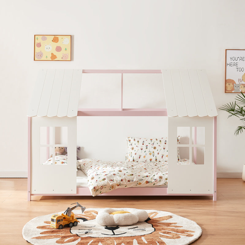 Kinderbed – Huisjesbed – Kinderbedden – Eenpersoonsbed – Speelbed – Massief Hout – Semi-Open Ontwerp – 140x200 cm – Wit