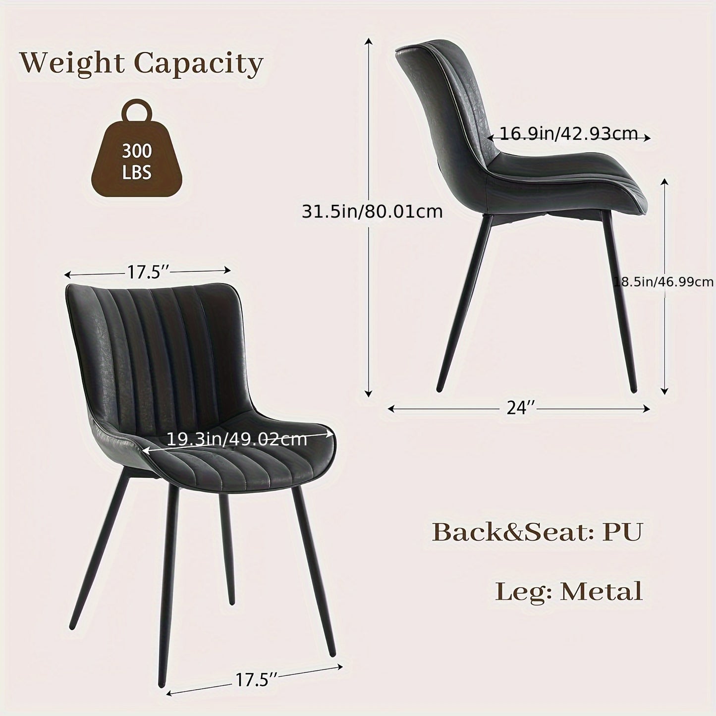 Eetkamerstoelen – Set van 2 Stoelen – Keukenstoelen – Zwarte Woonkamer Stoelen – Armless Design – Modern Stijl – Kunstleer Bekleding – Metalen Poten