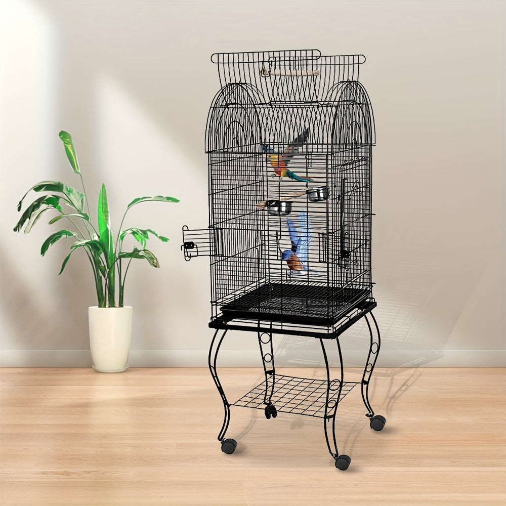 Vogelkooi – Parkietenkooi – Kanariekooi – Papegaaienkooi – Volière – Gepoedercoat Metaal – Open Bovenkant Met Rolstandaard 59x59x150 cm Zwart