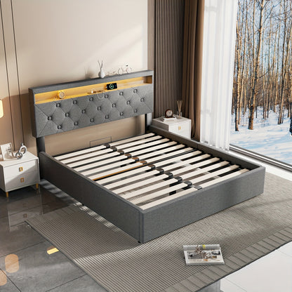 Gestoffeerd Tweepersoonsbed 140x200 cm met Opbergruimte – LED Hoofdeinde, Ottoman Hydraulisch Bedframe met Lattenbodem – Grijs, Modern en Ruimtebesparend (Exclusief Matras)