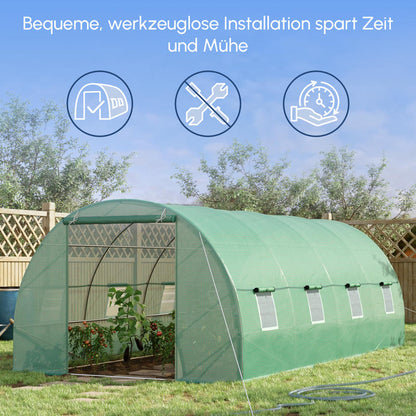 Heavy Duty Greenhouse with Arched Design & Window - Large 595x300x200cm (19.5x9.8x6.6ft) Outdoor Plant Insulation Room, Durable Plastic Construction with Sturdy Frame, All-Weather Protection, Ventilation System & Shelving Com