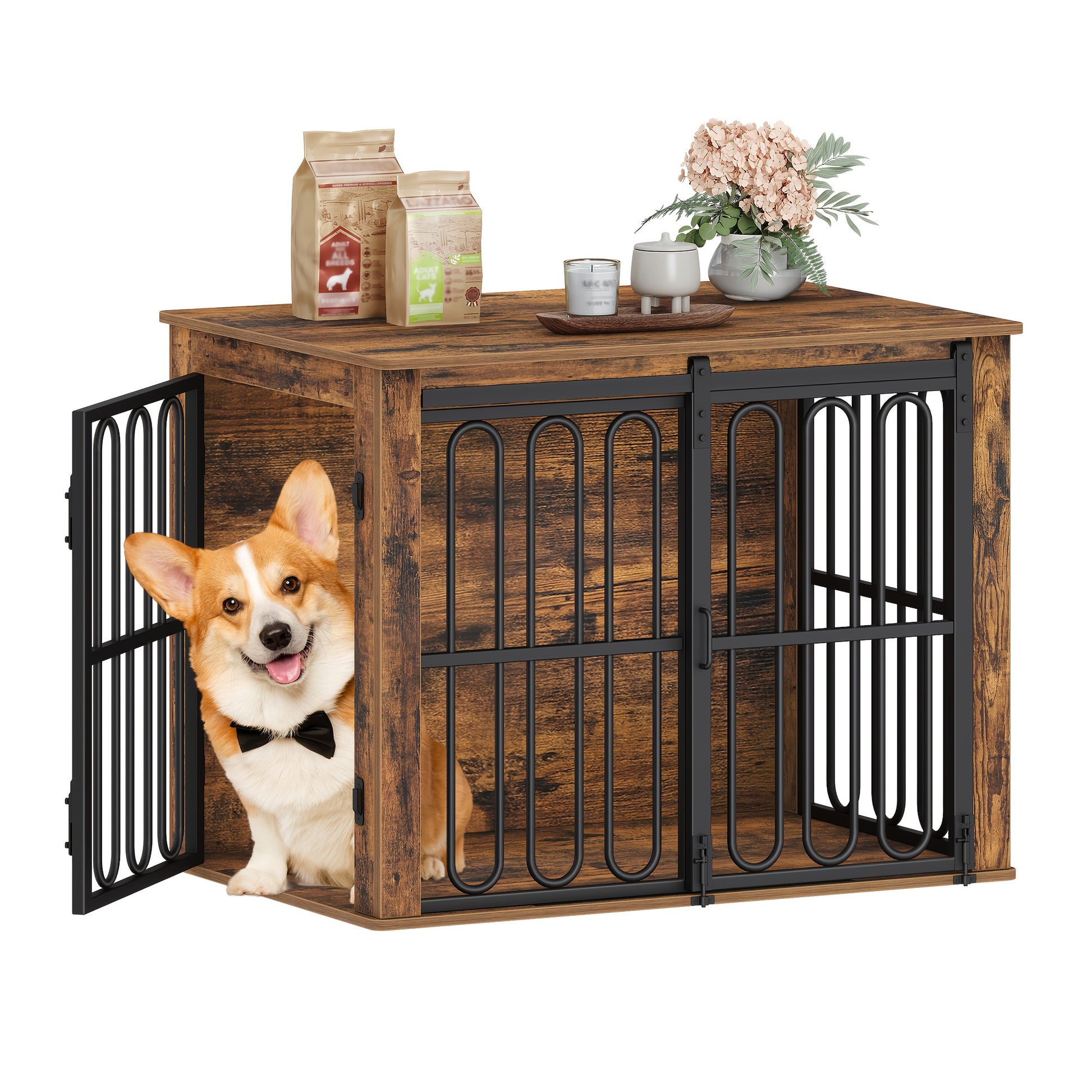Wooden Dog Cage Furniture, 81cm Household Pet Crate, Double-Door Design with Sliding Door for Small to Medium Breeds, Includes Sturdy Side Table (55 × 81.4× 62.4) cm - Brown/White, Pet Crate Furniture, Furniture Dog Crate, - QUORE
