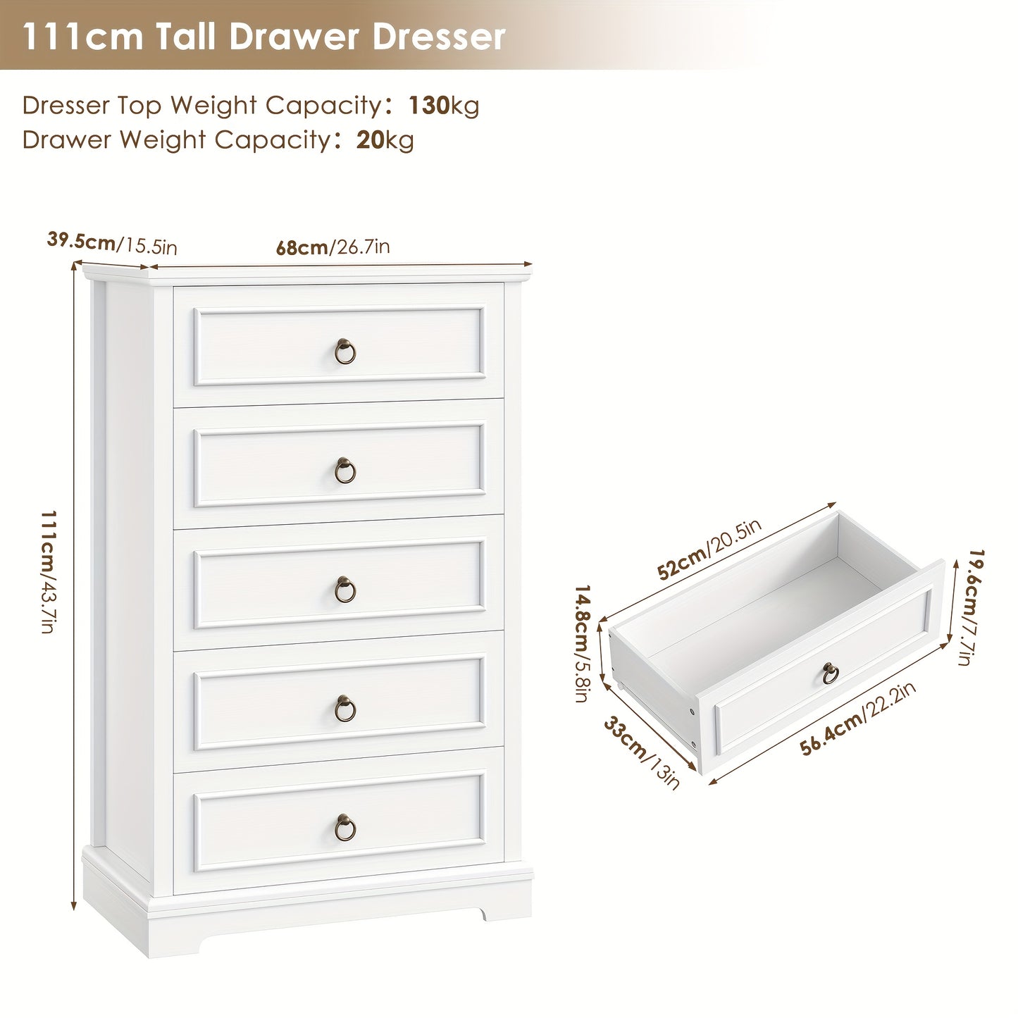 Hoge Ladekast – Commode – Kasten – Opbergkast – Dressoir – Wit Met Houten Nerf – 5 Ruime Lades – Compact En Stevig