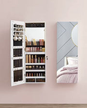 Mirror cabinet - Mirror - Jewelry cabinet - Wall cabinet - Door mounting - Wall mounting - With lock - LED lighting - Shelves - Hooks - Slots for jewelry - White