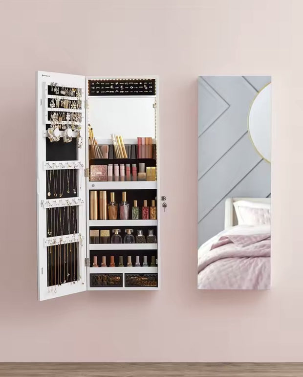Mirror cabinet - Mirror - Jewelry cabinet - Wall cabinet - Door mounting - Wall mounting - With lock - LED lighting - Shelves - Hooks - Slots for jewelry - White