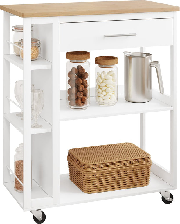 Keuken Trolley Met Werkblad - Keukentrolley op Wieltjes – Met Lade en Open Planken - Inclusief Rem voor de wieltjes - Mobiele Kruideniers Kast / Opbergrek - Wit