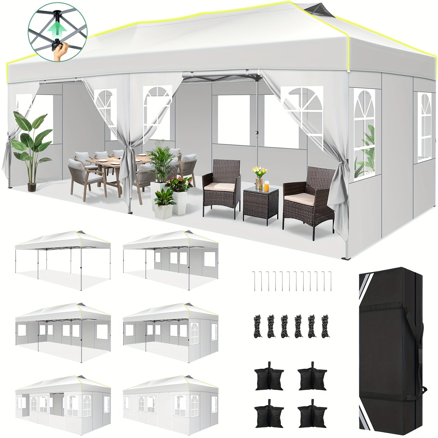 Partytent – Paviljoen – Feesttent – Tuintent – Vouwtent – 3x6 Meter – Oxford Stof – Inklapbaar Met Centrale Klikvergrendeling – 6 Zijwanden – Fluorescerende Strepen – Waterafstotend – Zwart