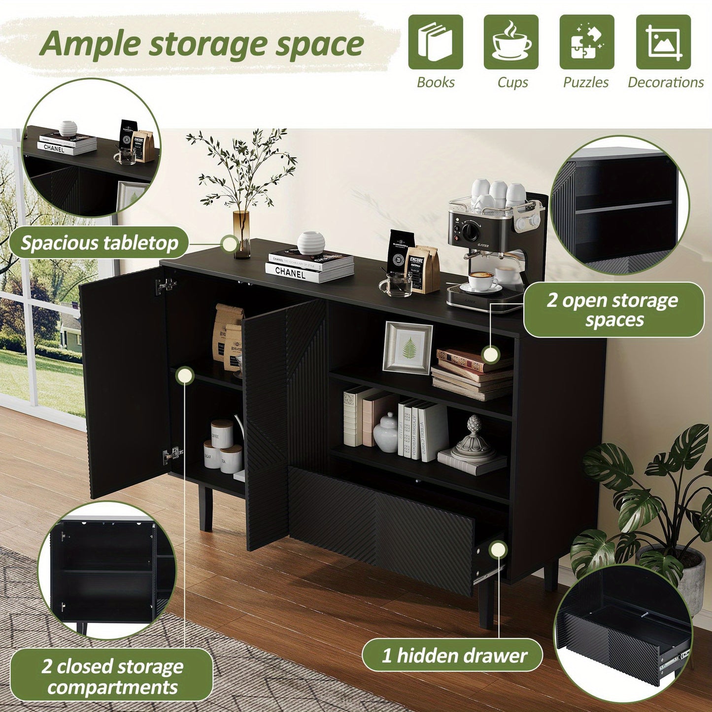 Dressoir – Opbergkast – Buffettafel – TV-meubel – Kast – Mat Zwart – Geometrisch Reliëf – 125x40x86 cm – Stevige Spaanplaat</s>