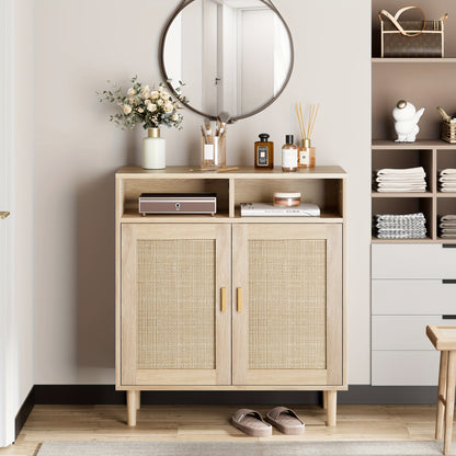 Dressoir – Opbergkast – Buffetkast – Sideboard – Dressoirkast – Rattan Deuren – Massief Houten Poten – 80x92x40 cm – 2 Open Planken