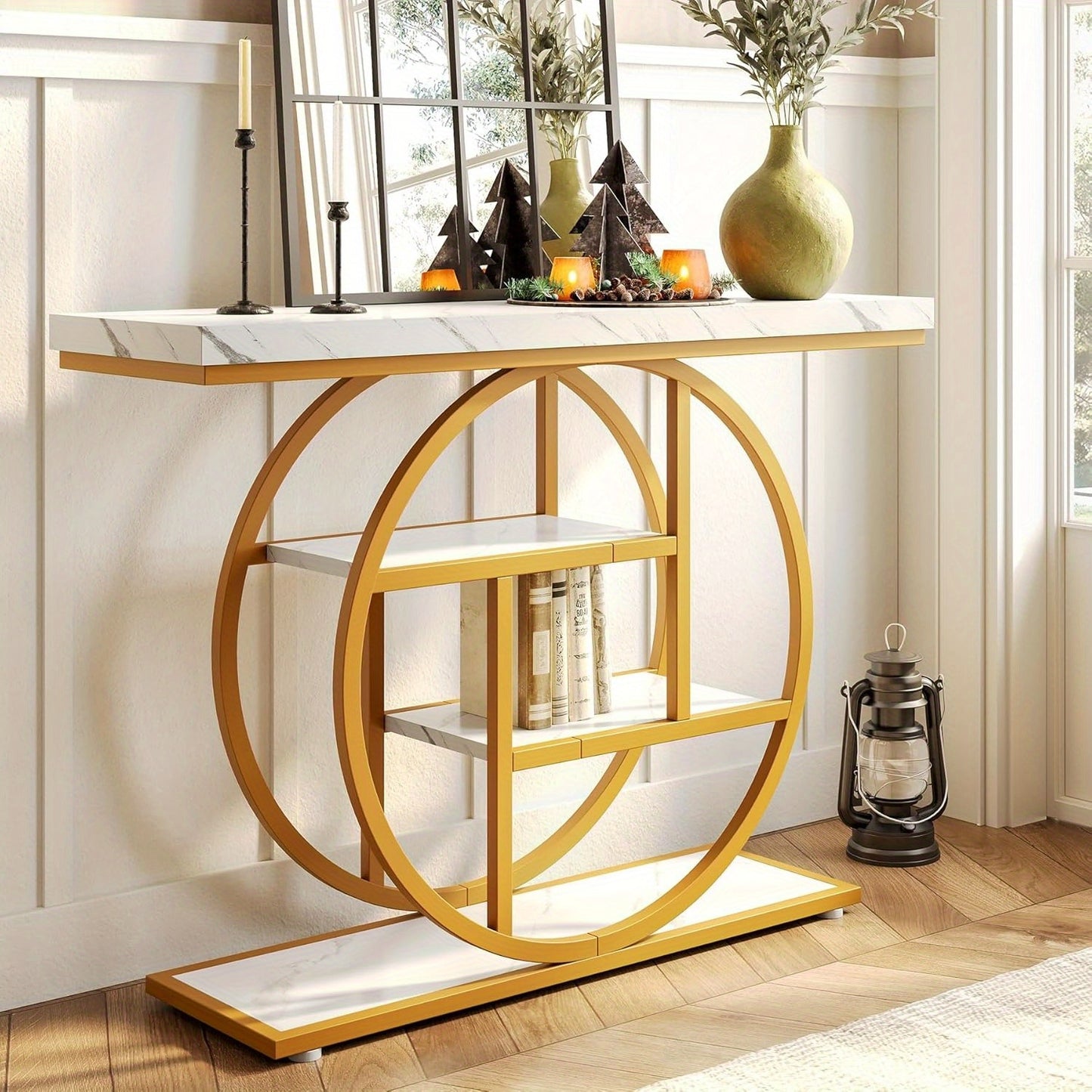Moderne Sidetable – Console Tafel – Halmeubel – Sofa Tafel – Opbergmeubel – Wit en Gouden Afwerking – 4 Lagen – Stevige Houten Constructie