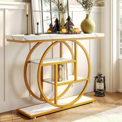 Moderne Sidetable – Console Tafel – Halmeubel – Sofa Tafel – Opbergmeubel – Wit en Gouden Afwerking – 4 Lagen – Stevige Houten Constructie