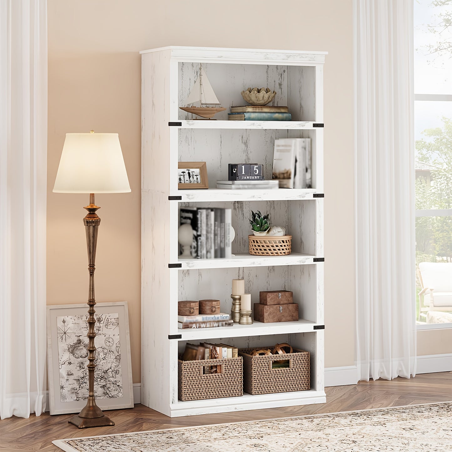 Farmhouse Book Shelf, 5 Tier Book Shelf for Display, 171.2cm Wooden Bookcase for Storage, 5 Shelf Display Shelvesfor Home Office, Living Room, Bed Room-Grey