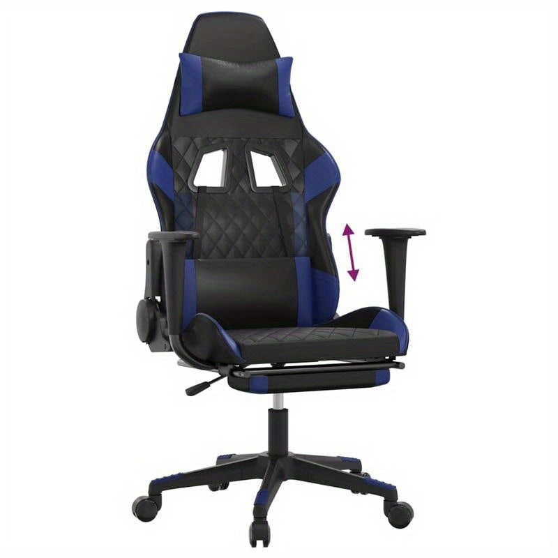 Gaming chair with footrest, black and blue faux leather for gaming PC