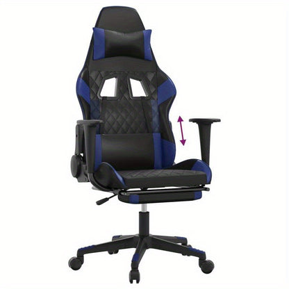 Gaming chair with footrest, black and blue faux leather for gaming PC