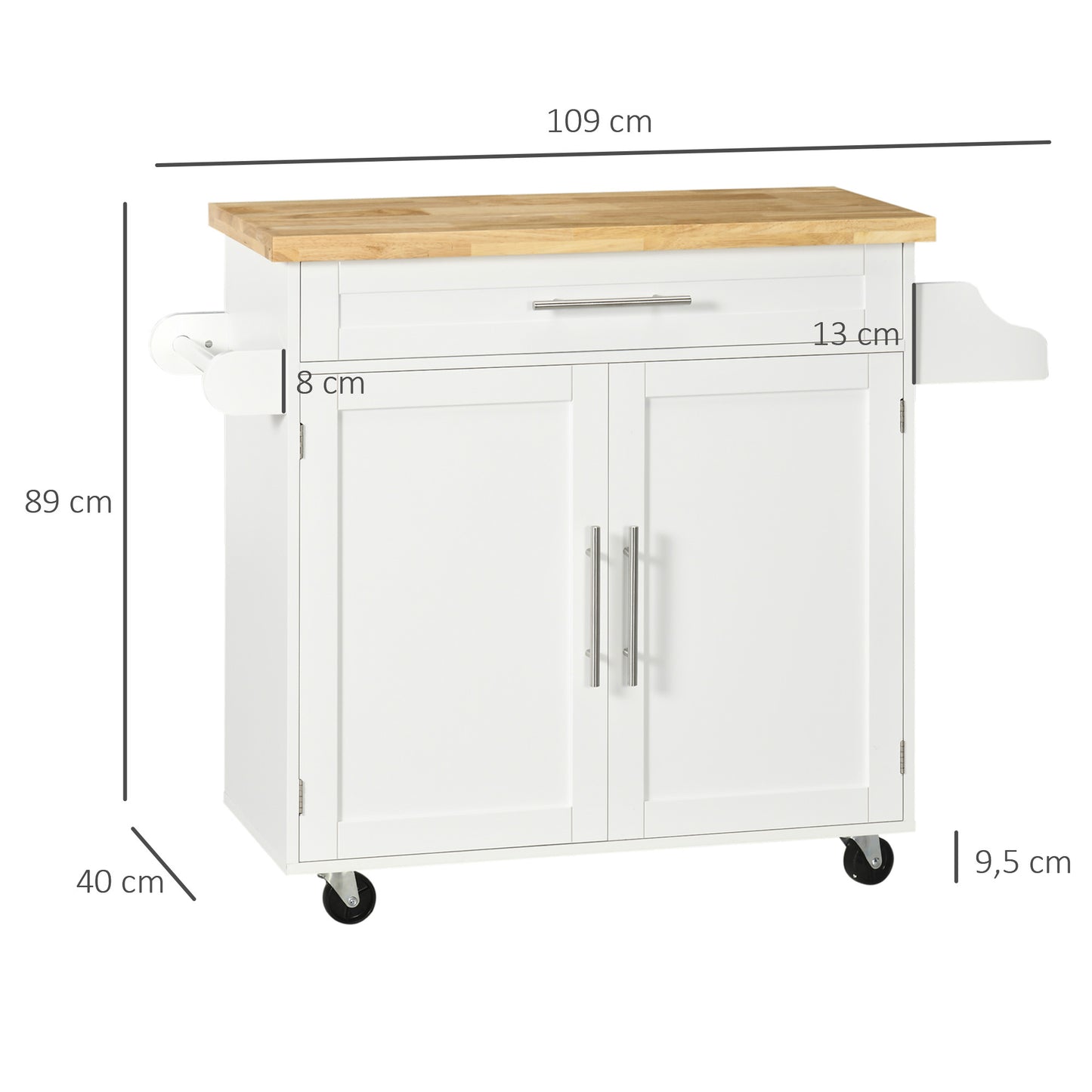 Keukentrolley – Keukenkar – Serveerwagen – Opbergwagen – Keukenrek – Verstelbare Plank – Waterafstotend Rubber Werkblad – Mobiel Met Wieltjes – Wit – 109x40x89 cm