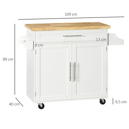 Keukentrolley – Keukenkar – Serveerwagen – Opbergwagen – Keukenrek – Verstelbare Plank – Waterafstotend Rubber Werkblad – Mobiel Met Wieltjes – Wit – 109x40x89 cm