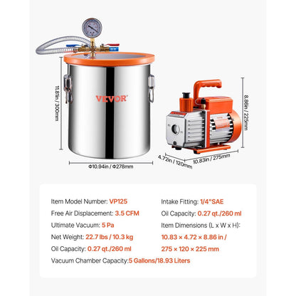 Vacuum Kamer – Vacuümkamer – Ontgassingskamer – Hars Kamer – Resin Ontluchter – 5 Gallon – Roestvrij Staal – Krachtige 3.5 CFM Vacuümpomp