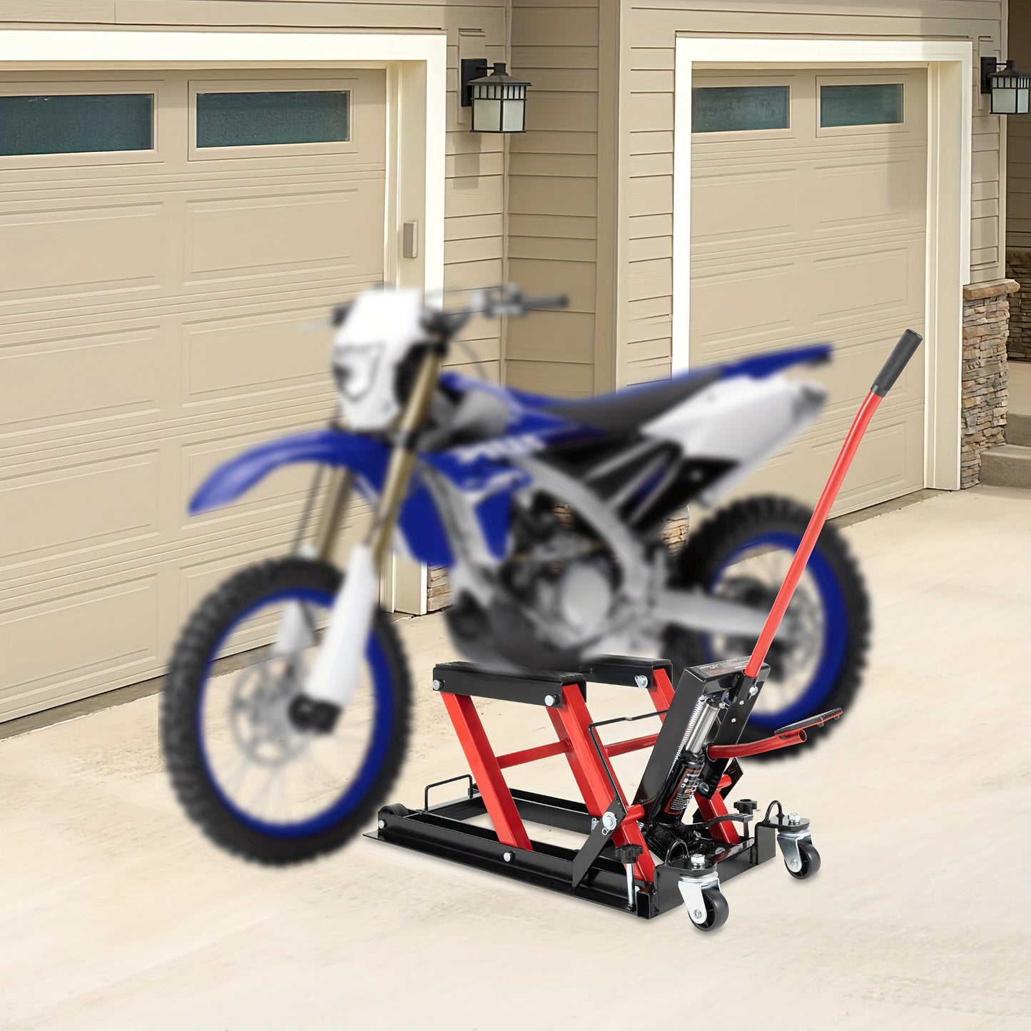 Motorfietsbrug – Motorlift – Hydraulische Motorbrug – Motorkrik – Werkplaatsbrug – 680 kg Belastbaar – Robuust Koolstofstaal Frame – Rood – Verstelbare Hefhoogte – 4 Zwenkwielen