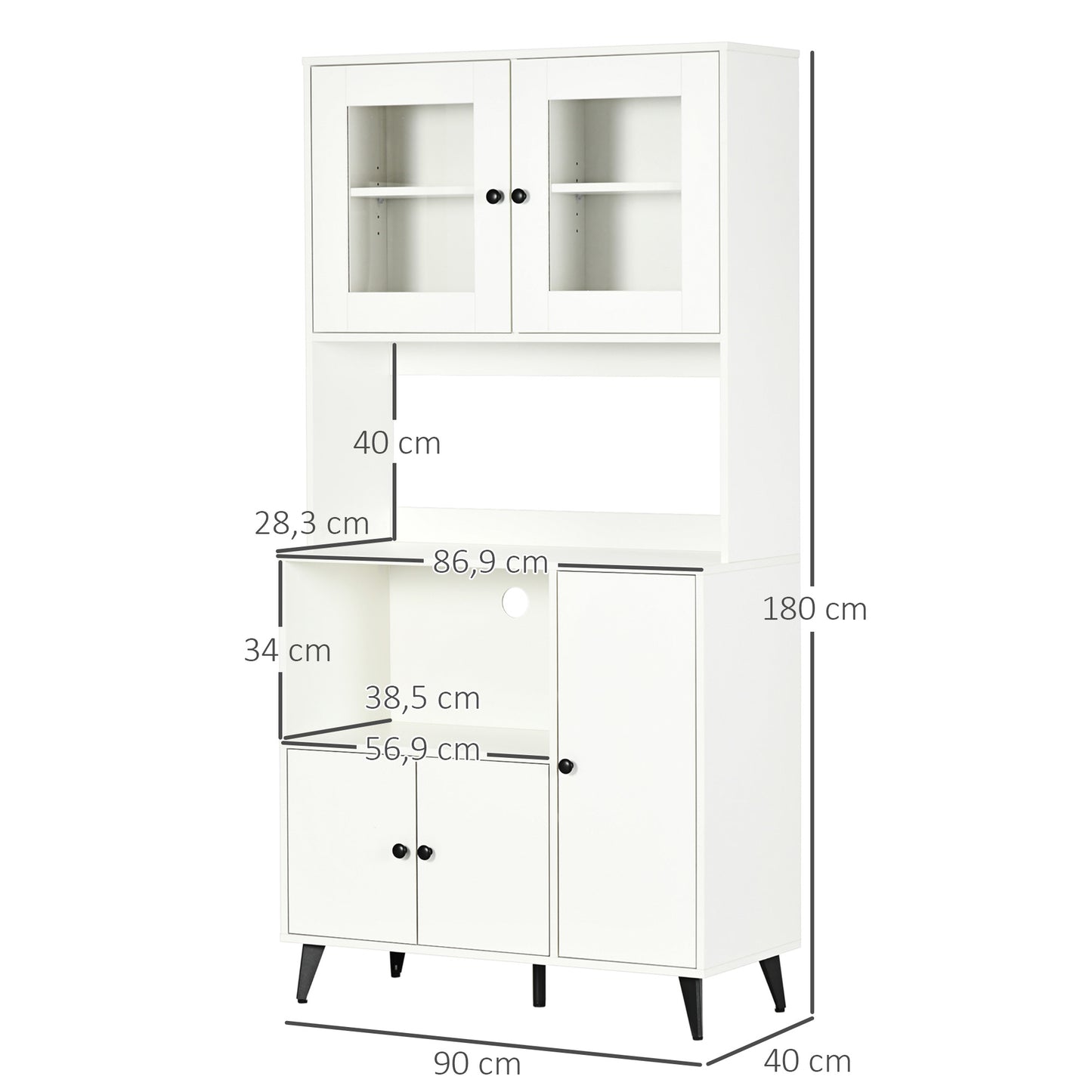 Keukenkast – Buffetkast – Opbergkast – Magnetronkast – Staande Kast – Wit – Verstelbare Planken – 90x40x180 cm