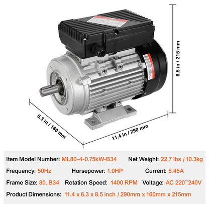 Elektrische Motor – Elektromotor – AC Motor – Industrie Motor – 0,75 kW Motor – 1400 RPM – Roestbestendige Stalen Behuizing – Omkeerbare Draairichting