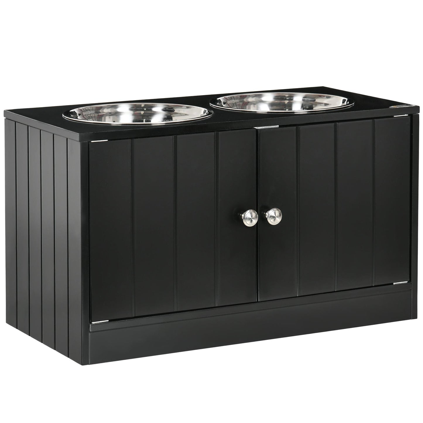 Hondenvoerstation – Voederstation – Voerbak – Hondenbak – Hondenvoerplek – Verhoogd Ontwerp – 2 RVS Kommen & 44L Opbergruimte – Magnetische Deuren – Zwart Hout & Glas