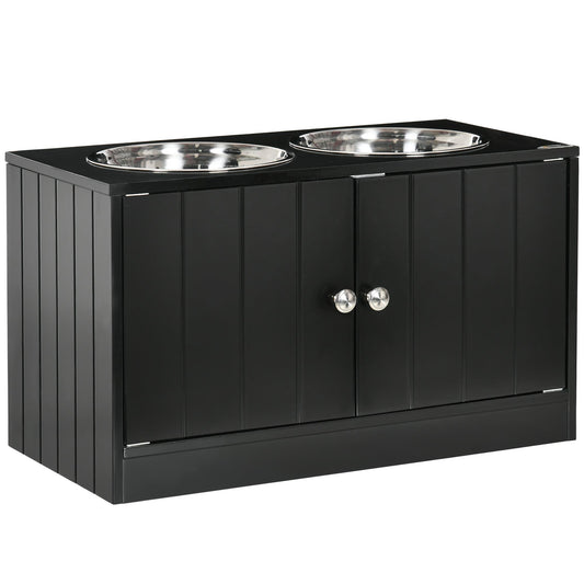 Hondenvoerstation – Voederstation – Voerbak – Hondenbak – Hondenvoerplek – Verhoogd Ontwerp – 2 RVS Kommen & 44L Opbergruimte – Magnetische Deuren – Zwart Hout & Glas