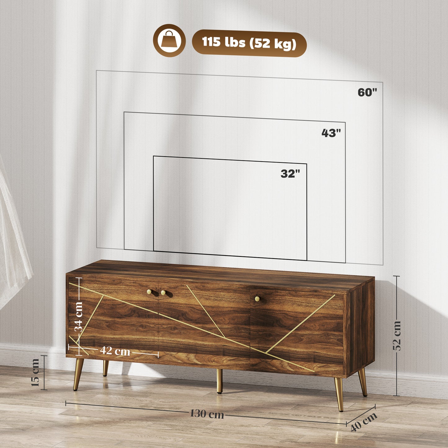 TV-Meubel – TV-Kast – Televisiekast – Mediameubel – TV-Standaard – Geschikt voor televisies tot 60 inch – Verstelbare planken met kabelbeheer – Modern bruin hout met goudkleurige stalen poten