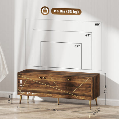 TV-Meubel – TV-Kast – Televisiekast – Mediameubel – TV-Standaard – Geschikt voor televisies tot 60 inch – Verstelbare planken met kabelbeheer – Modern bruin hout met goudkleurige stalen poten