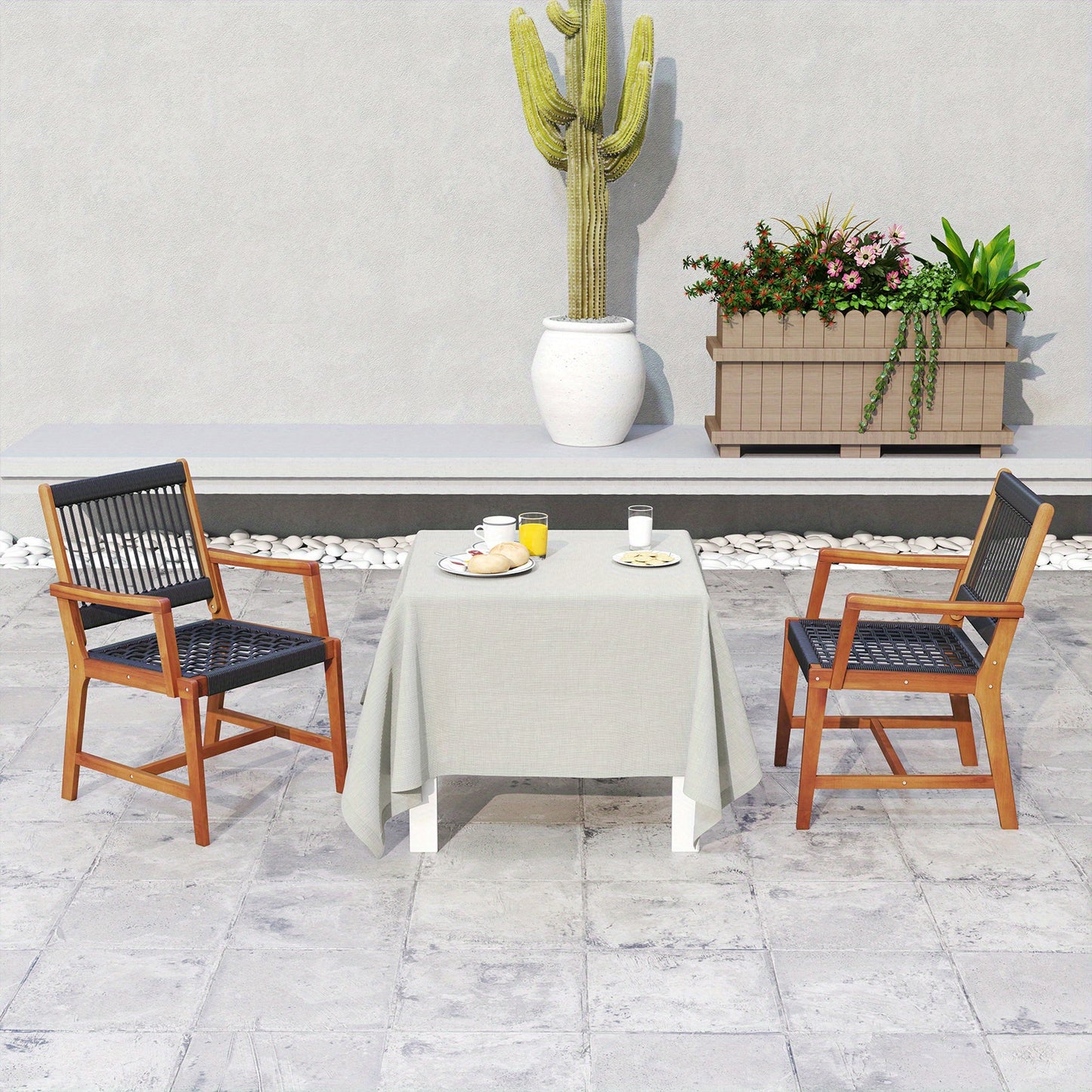 Tuinstoelen – Buitenstoelen – Patio Stoelen – Terrasstoelen – Balkonstoelen – Set van 2 – Acaciahout met Zwart Rope – Ergonomisch Ontwerp met Armleuningen
