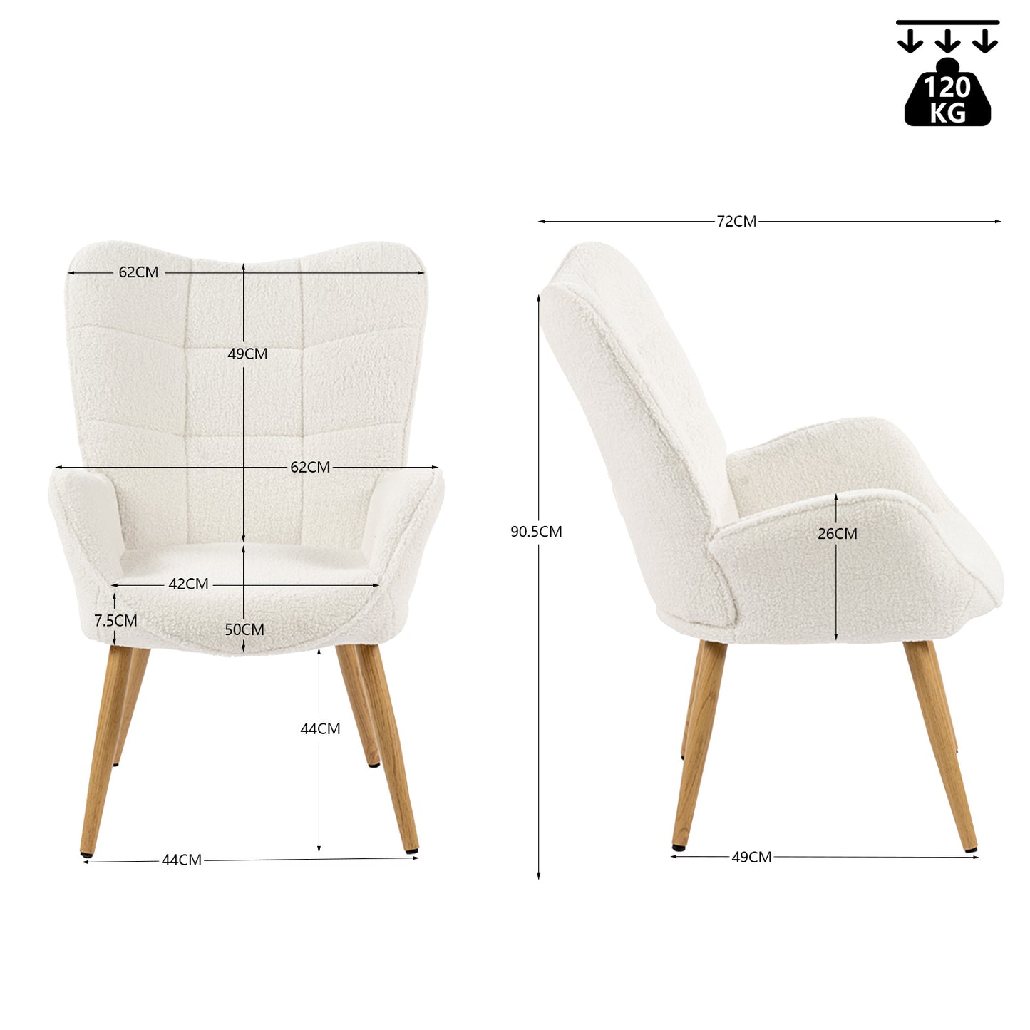 Fauteuil – Stoel – Armstoel – Zetel – Relaxstoel – Wit – Scandinavisch Design – Metalen Pootjes – Ergonomische Rugleuning – 72x62x90,5 cm