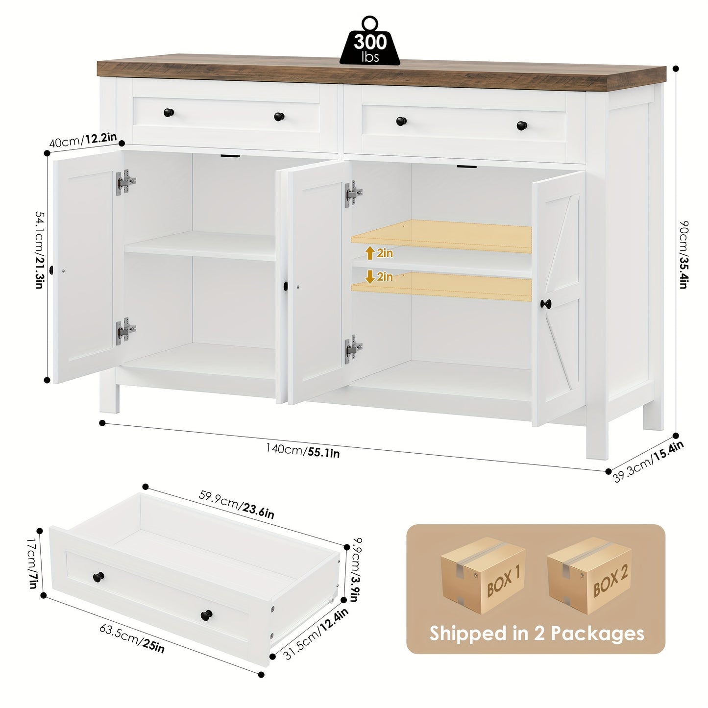 Dressoir – Sideboard – Buffetkast – Opbergkast – Keukenkast – 140 cm breed – Verstelbare plank – Wit frame met bruin houten blad