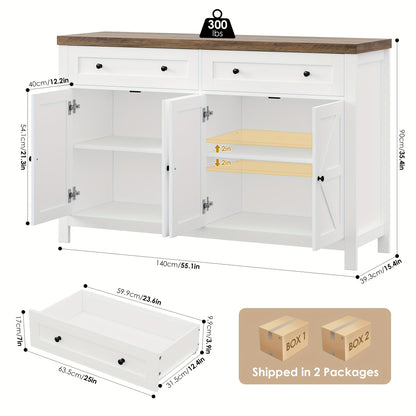 Dressoir – Sideboard – Buffetkast – Opbergkast – Keukenkast – 140 cm breed – Verstelbare plank – Wit frame met bruin houten blad