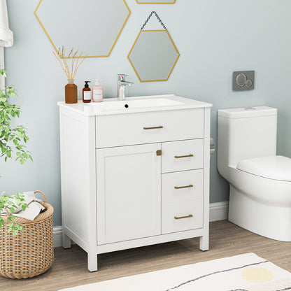 Badkamermeubel – Wastafelmeubel – Onderkast – Waschtafelkast – Badkamerkast – Keramische Wastafel – 2 Schuifladen – Vochtbestendig MDF – Compact 76x46,5x86,5 cm