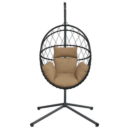 Hangstoel – Egg Chair – Tuinstoel – Hangstoel Met Standaard – Losse Hangstoel – Taupe Kleur – Zwart Rattan Frame – Inclusief 2 Kussens – Met Zijvakken