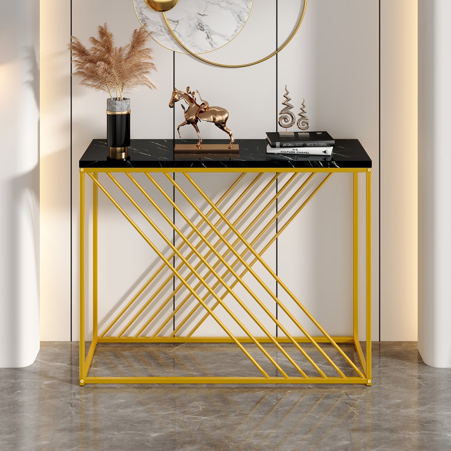 Sidetable – Consoletafel – Wandtafel – Haltafel – Dressoir – Zwart met Gouden Accenten – Hoogglans MDF – 99 cm Breed – Stevig en Eenvoudig te Monteren