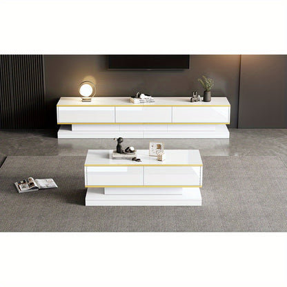 tv-meubel – tv-kast – tv-console – salontafel – woonkamermeubel – Hoogglans Wit Met Gouden Accenten – 3 Laden Tv-meubel & 2 Laden Salontafel