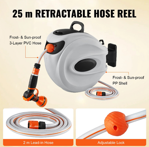 Tuinslang met haspel - met 9-patroon spuitmond - tuinslanghouder - intrekbare slang - Draaibare wandbeugel - slangenbox - 82ft - Grijs - QUORE