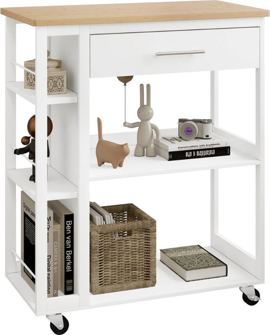 Keukentrolley met wielen - Mobiele keukentrolley met opbergruimte - 2 planken + lade - Houten trolley met stalen frame - Compact en draagbaar - 73x38x88 cm - Keukenopbergmeubel